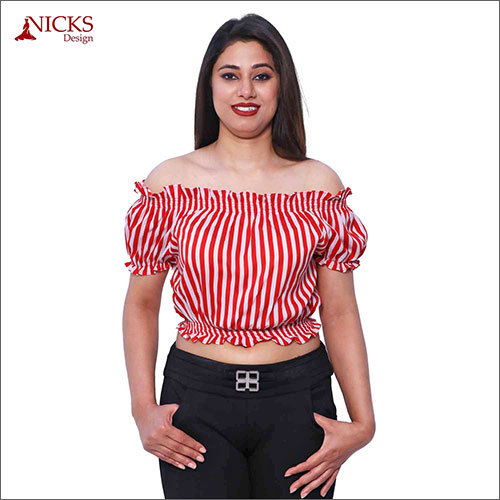 American Off Shoulder Red Pin Striped Top