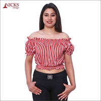 American Off Shoulder Red Pin Striped Top