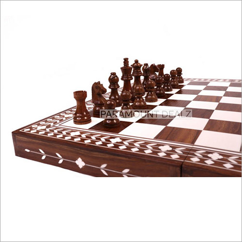 Solid Sheesham And Acrylic Ivory Inlaid Wooden Folding Chess Set With Wooden Stauntion Coins