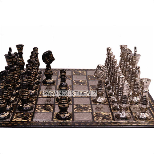 Brass Metal Design Luxury Chess Pieces And Board Combo Set In Shiny Silver And Black Color