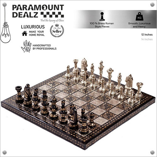 Brass Metal Staunton Design Luxury Chess Pieces And Board Combo Set In Shiny Silver And Black Color