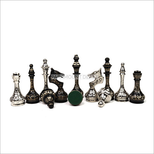 Brass Metal Morphy Design Luxury Chess Pieces And Board Combo Set In Shiny Sillver And Black Color