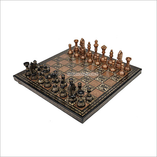 Brass Metal Luxury Chess Pieces And Board Combo Set In Shiny Copper And Black Color