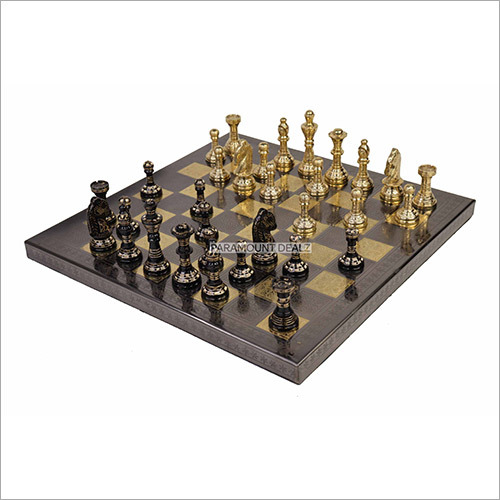 Brass Metal Luxury Chess Pieces And Board Combo Set In Shiny Gold And Black Color
