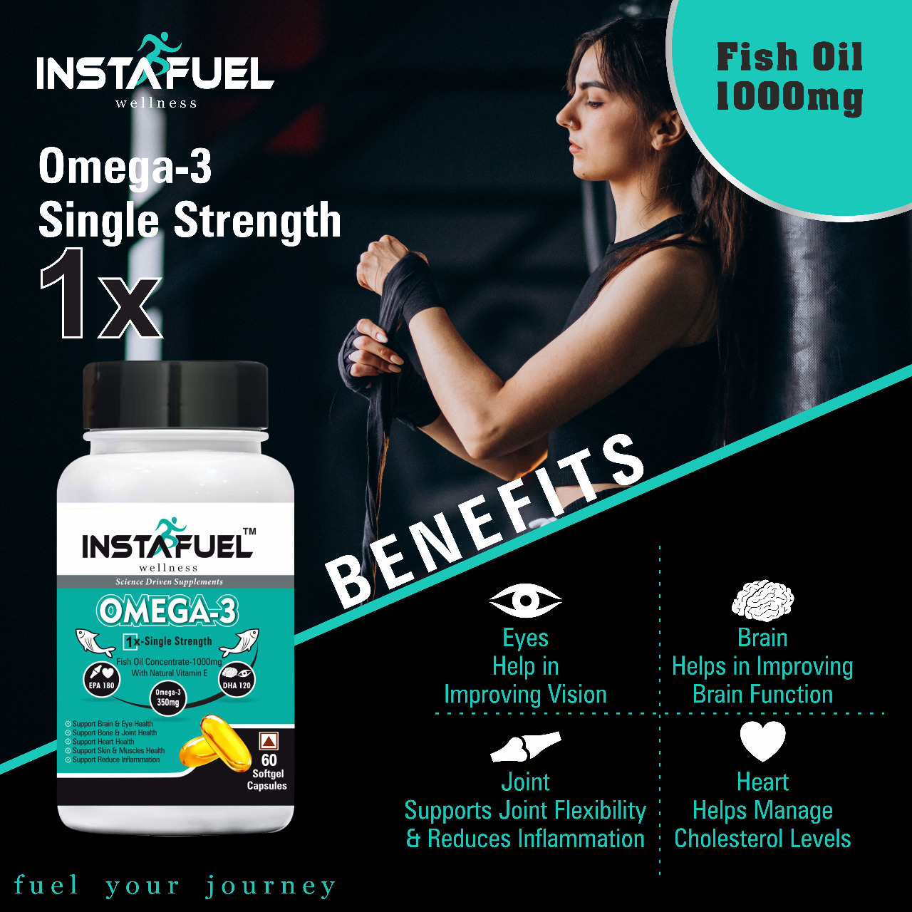 Omega 3 Fish Oil 1X Single Strength 1000mg Contains 180mg EPA 120mg DHA with Other Omega 3 Fatty Acid 50mg 60 Softgel Capsules