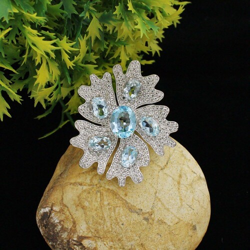 925 स्टर्लिंग सिल्वर ब्लू पुखराज फूल डिजाइनर अंगूठी
