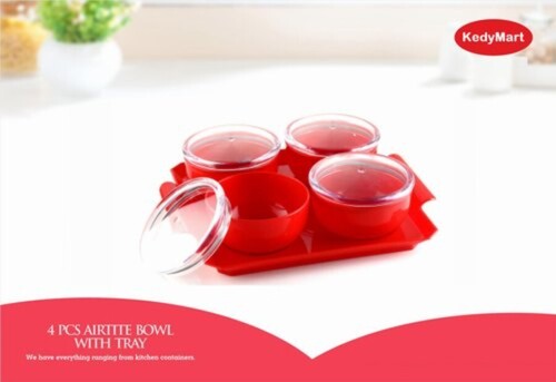 Red 4 Piece Dryfruit Snacks Serving Bowl Set With Tray
