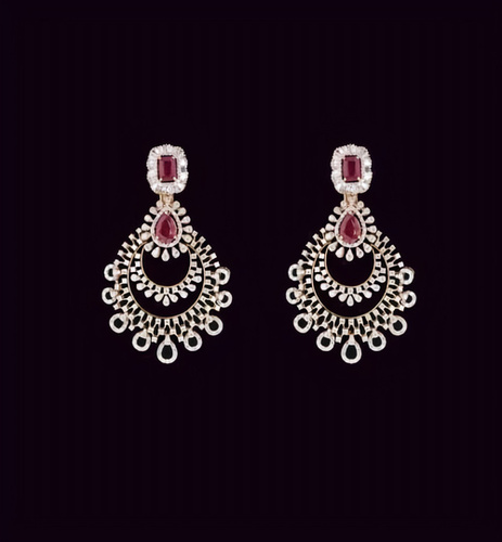 Yellow Gold Natural Diamond And Ruby Earring