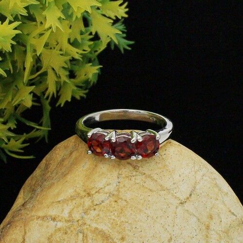 Garnet Three Stone Silver Ring
