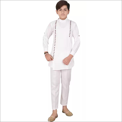Kids White Side Button Kurta Pajama