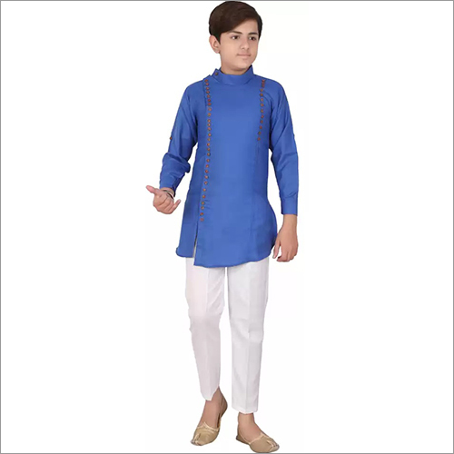 Kids Royal Blue Side Button Kurta Pajama