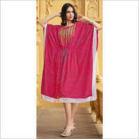 Mittoo Red Rayon Print With Cotton Lace Fancy Kaftan Kurti