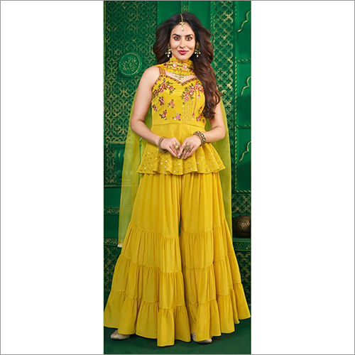 Various Colors Available Ladies Yellow Chinon Chiffon Sharara Suit