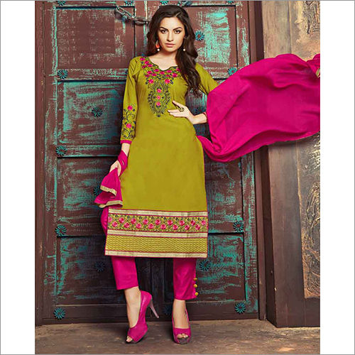 Various Colors Available Mehendi Green Cotton Embroidered Unstitched 3 Pieces Suit