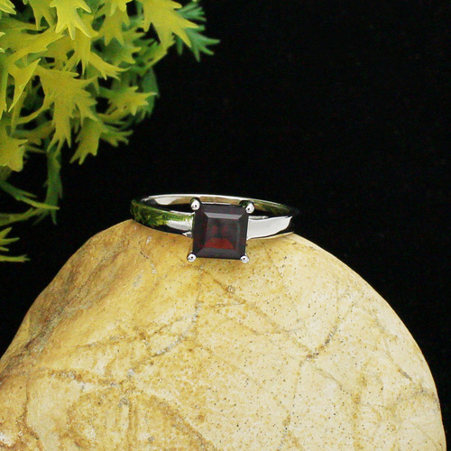 Square Garnet Dainty Sterling Silver Ring