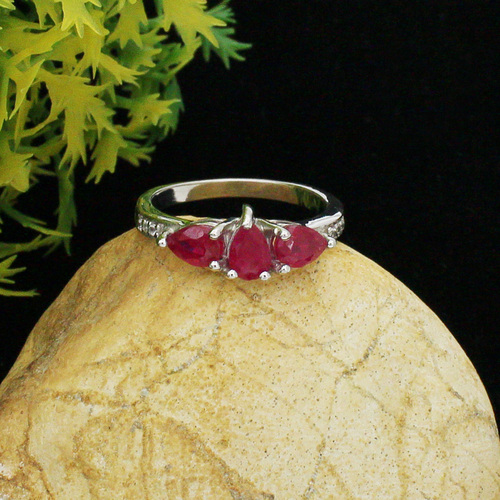 925 Sterling Silver Ruby Three Stone Ring