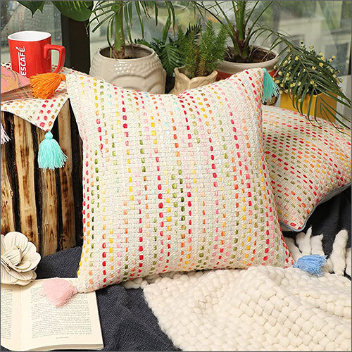 16x16 Inch Multi Texture Woven Bohemian Stripe With Multi Tassel Cushion Cover
