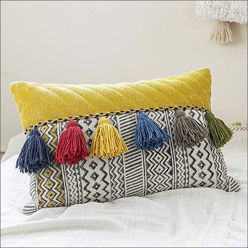 40x60 cm 250TC Yellow Cushion Cover with Multi Tassel By IMPEXART PVT LTD