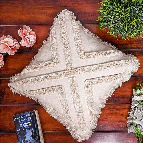 16x16 Inches Cotton Off White Boho Shaggy Square Geometric Design Cushion Cover