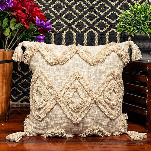 18x18 Inches Ivory Boho Shaggy Square Geometric Desgin Cushion Cover