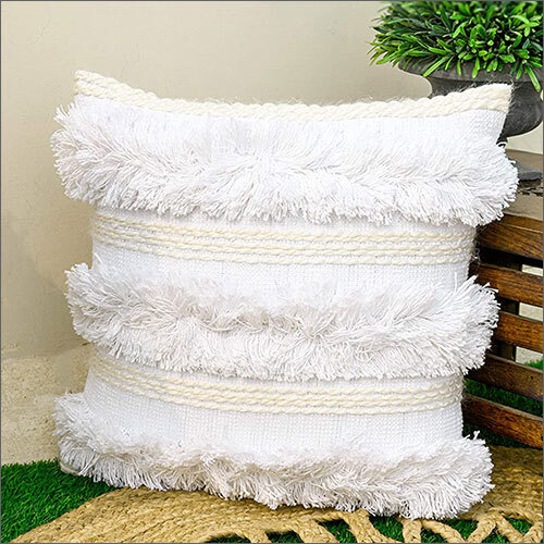 16x16 Inches Hand Woven White Cotton Shaggy Square Cushion Cover