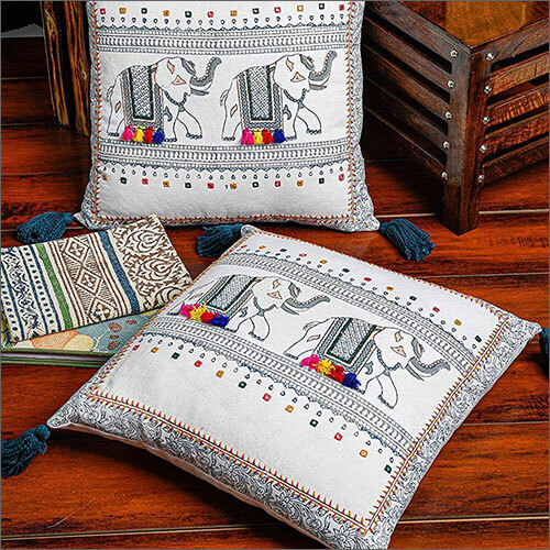 18x18 Inches Elephant Art And Hand Embroidery Cushion Cover
