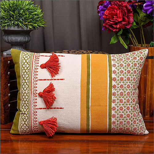 16x24 Inches Cotton Handblock Geometric Emboridery Rectangle Cushion Cover