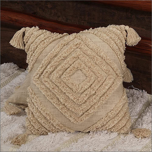 Cotton 20x20 Inches Ivory Boho Shaggy Square Geometric Desgin Cushion Cover