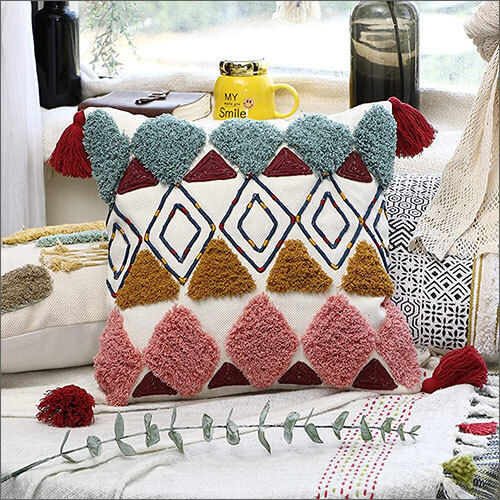 Multicolour 16x16 Inch Cotton Tufted Tassel Throw Pillow Cover