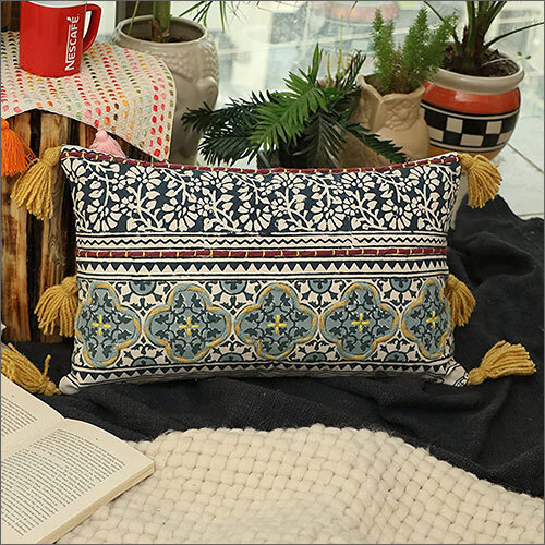 Cotton Handblocked Print Embroidery Rectangle Sofa Couch Pillow Cover