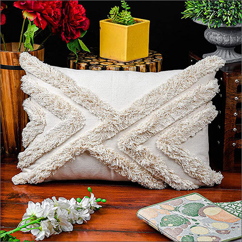 16x24 Inches Cotton Off White Boho Shaggy Geometrical Rectangle Cushion Cover