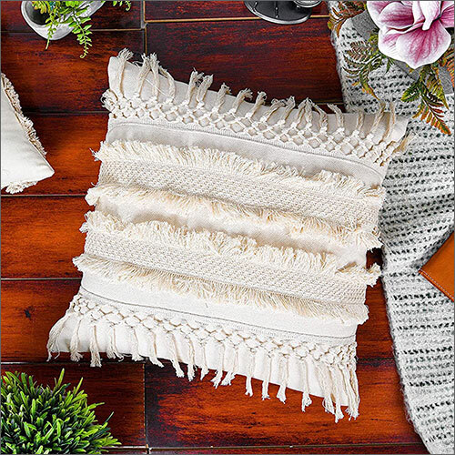 16x16 Inches Cotton Ivory Strip Boho Shaggy Pattern Square Cushion Cover