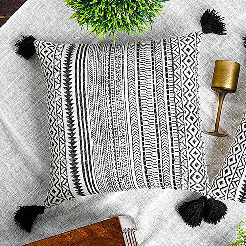 Black  & White 18X18 Inches Cotton Print Soft Geometrical Pattern Square Embroidery Cushion Cover