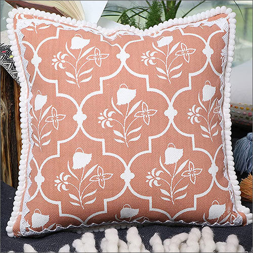 Printed 18X18 Inch Cotton Handblock Prited With Lace And Pom Pom Cushion Cover