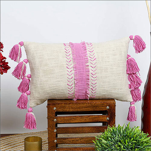 12x20 Inches Ivery Cotton Pink Strip Rectangle Soft Comfortable Tassels Cushion Cover