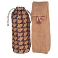 Brown Wine Bottle Bag With Drawstring And Foldable Bag With Button