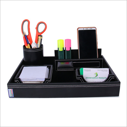 Rasper Genuine Leather Multipurpose Desk Organizer 6-in-1 Desktop Set Pen Stand Holder with Mobile Holder And Remote Stand for Office Desk Table Storage Organizer Box (Black)