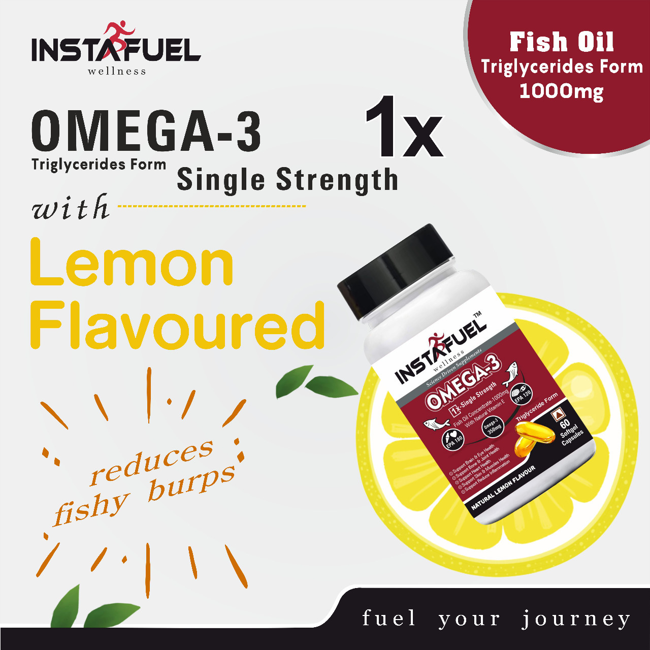 Omega 3 Fish Oil 1X Single Strength with Triglycerides Form 1000mg  Contains 180mg EPA and 120mg DHA with Other Omega 3 Fatty Acid 50mg  60 Softgel Capsules