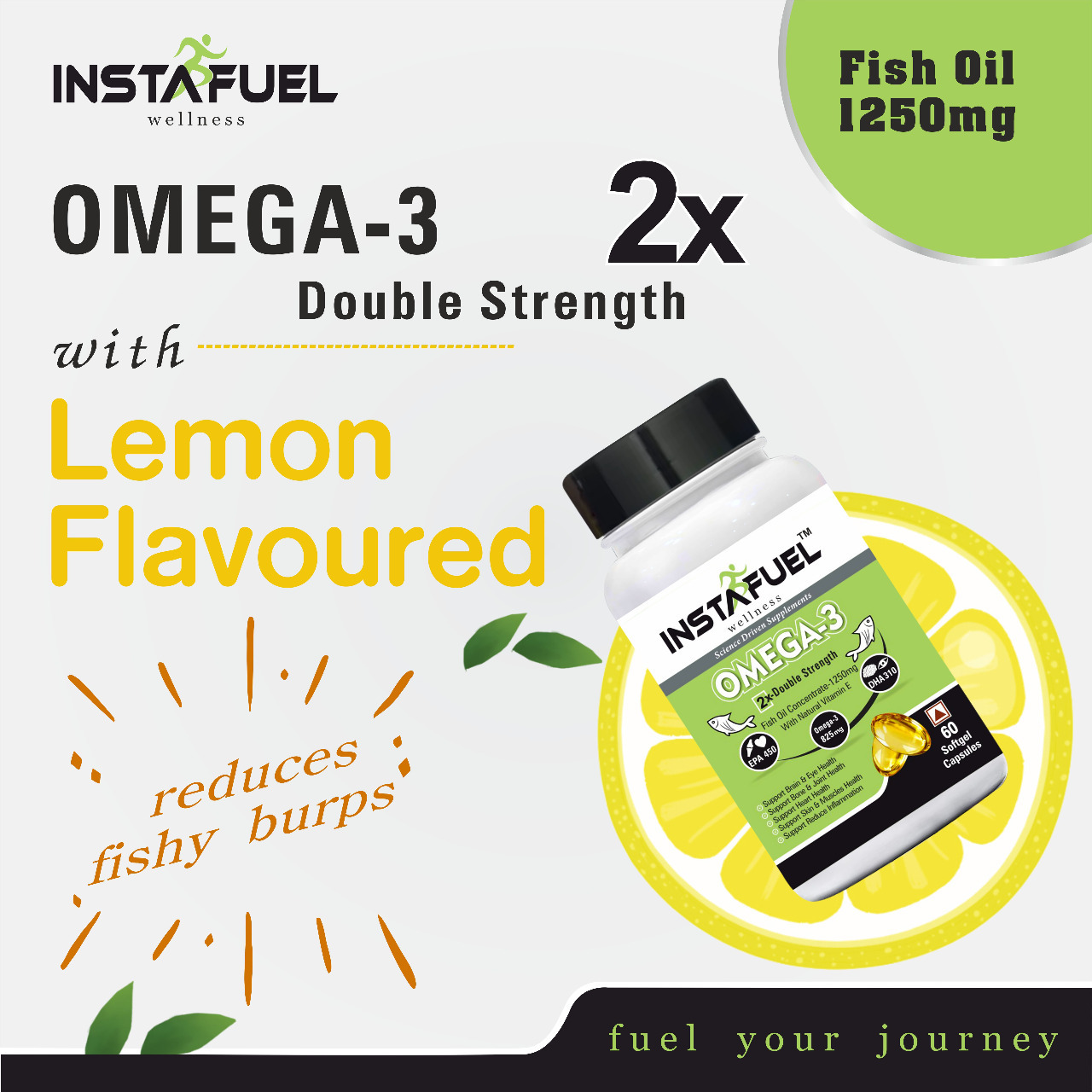 Omega 3 Fish Oil 2X Double Strength 1250mg Contains 450mg EPA 310mg DHA with Other Omega 3 Fatty Acid 65mg 60 Softgel Capsules