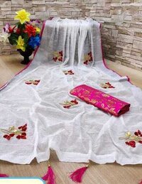 Linen Saree With Banghali Work - 5.50 Mtr Length, 0.80 Mtr Banarasi Silk Blouse | Traditional Ethnic Dress, Breathable, Washable, Customized Logo