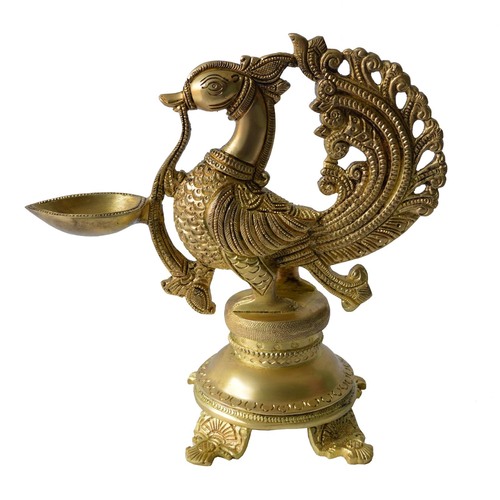 Peacock Floor Oil Lamp Brass Decorative Statue by Aakrati