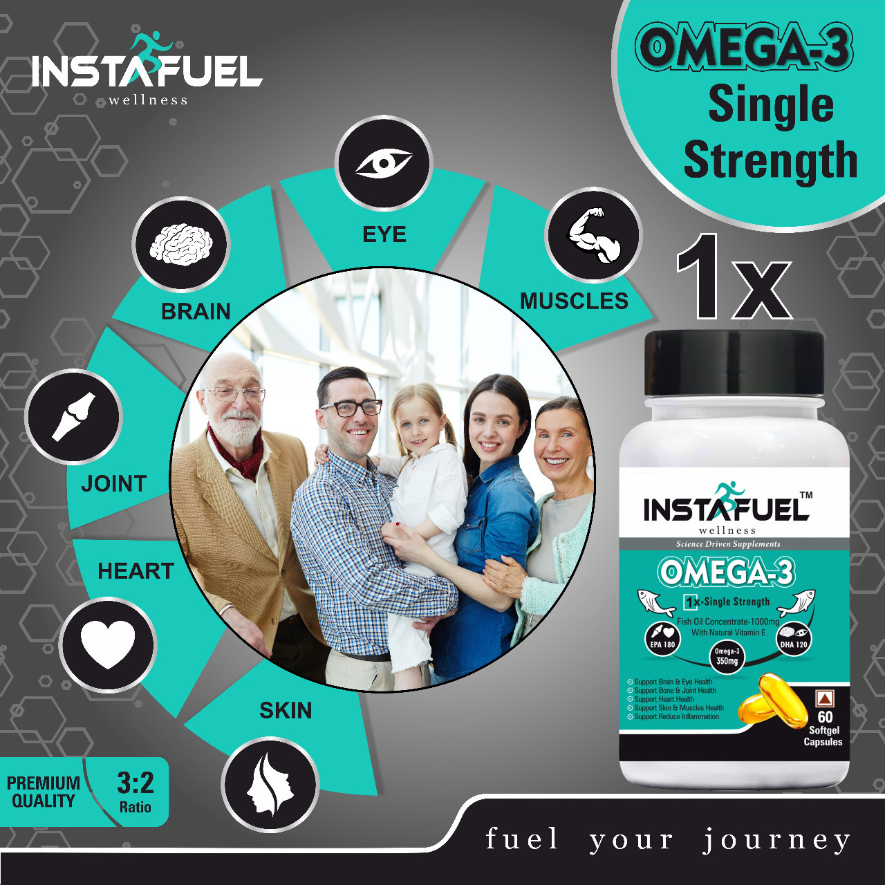 Instafuel Wellness Omega 3 Fish Oil 1X Single Strength 1000mg Contains 180mg EPA 120mg DHA with Other Omega 3 Fatty Acid 50mg 60 Softgel Capsules