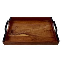 Natural Acacia Wood Wooden Serving Tray With Metal Handles
