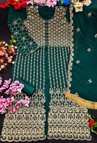Pakistani Traditional Dress Set - Georgette Top With Embroidery, Nazneen Dupatta, Santoon Bottom - 52 Inch Length, Breathable Fabric, 3-4th Sleeves, Designed For All Seasons