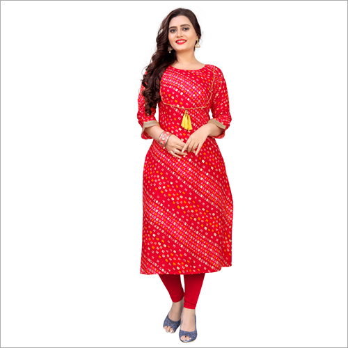 Red Color Printed Rayon Kurti