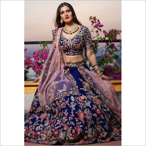 Bridal Lehenga|India| Navy Blue Silk Bridal Lehenga Choli With Heavy Thread  Embroidery And Stone Work