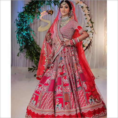 Ladies Red Color Bridal Malay Satin Lehenga Choli With Hand And Embroidery Work
