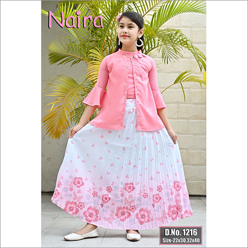 Different Colors Available Girls Pink Top And Skirt Set