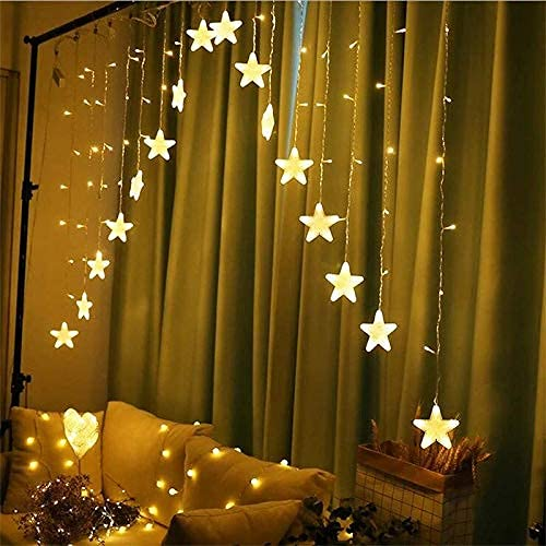 Warm White 16 Stars String Fairy Curtain Lights With 8 Flashing Modes V-Shape Decoration Light