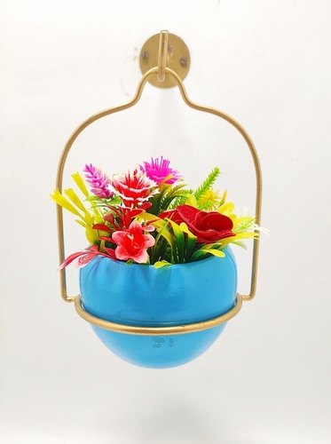DECORATIVE WALL HANGING FLOWER POT CONTAINER - Metal, Height: 18 cm, Color: Blue & Pink | Antique Effect, Ideal for Faux Plants in Minimal Space